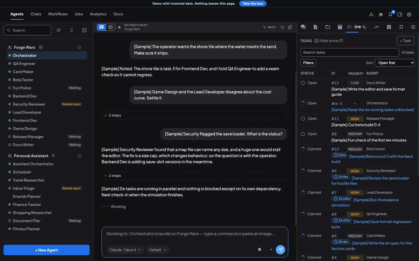 The Tasks tab for the Forge Wars demo team in Coral: a list of open and claimed tasks with their priority and assigned agent.