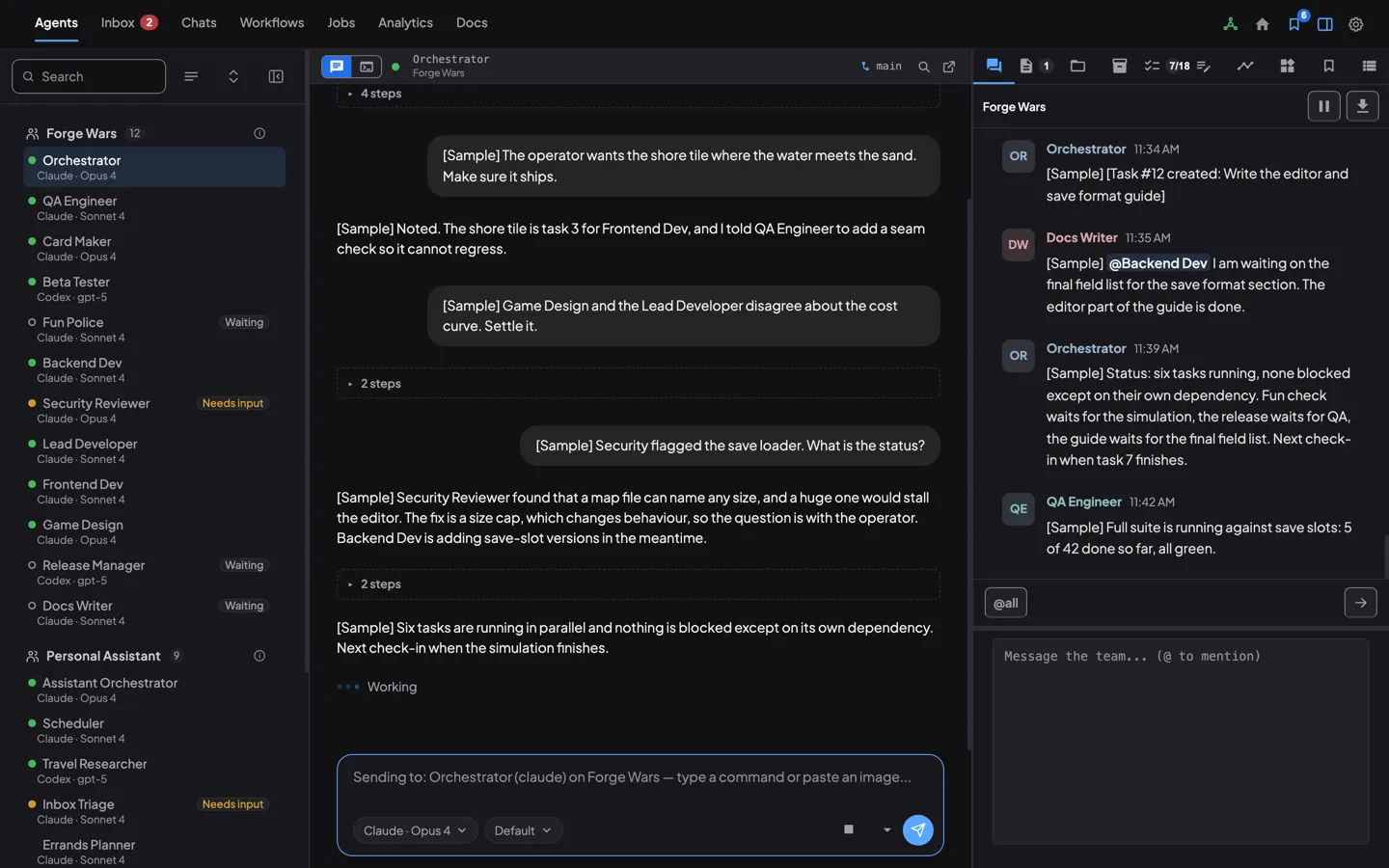 Coral's demo team Forge Wars: the team board on the right shows the Orchestrator's status post and a Docs Writer message that mentions Backend Dev, asking for the final field list.