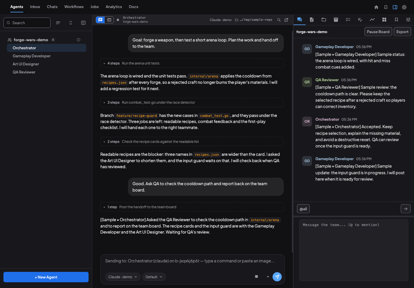 Coral dashboard with four Forge Wars demo sessions, the selected agent open in the Chat view next to the local team’s sample conversation.