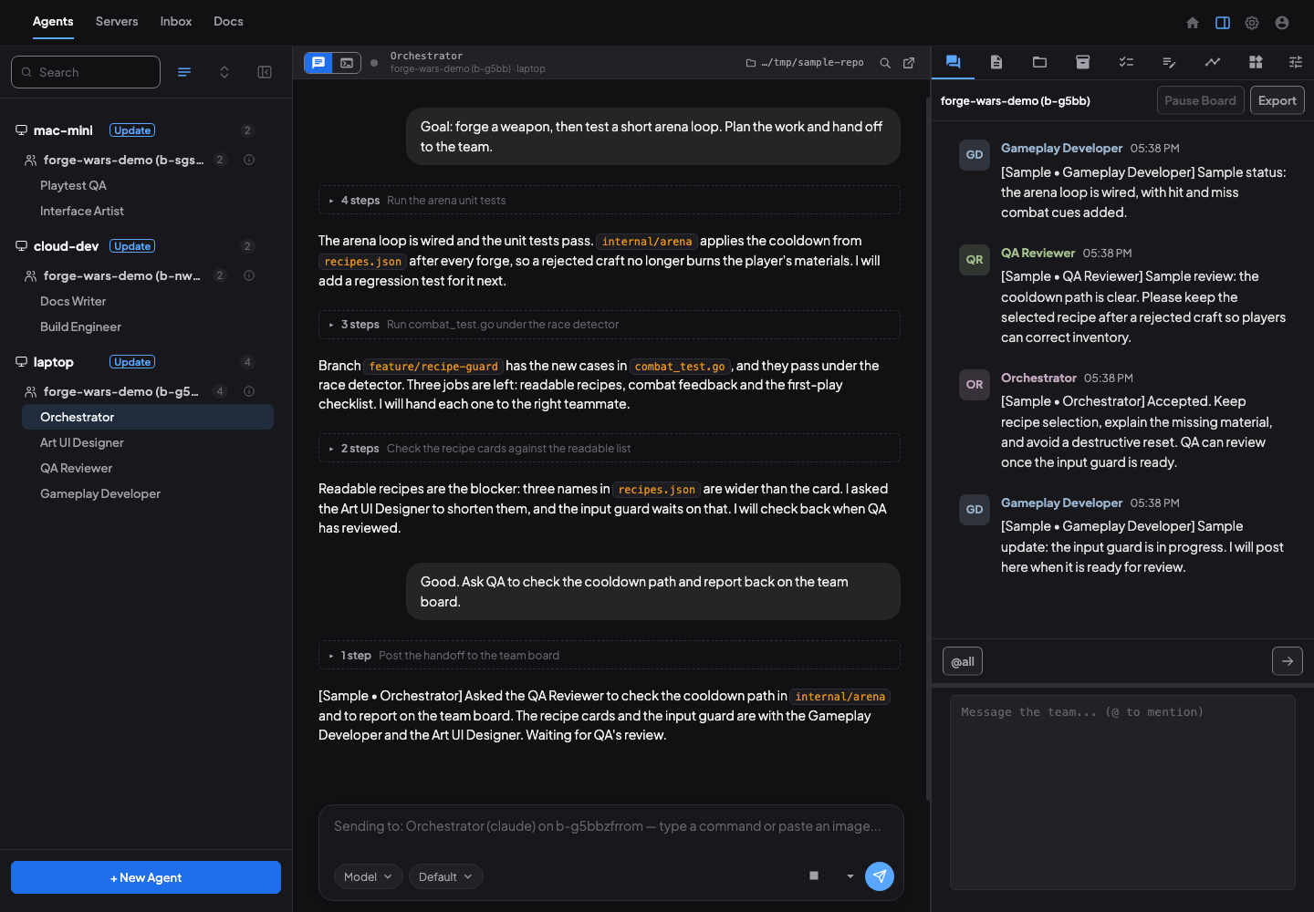 Coral Hub with eight demo sessions grouped under three machines, the selected agent open in the Chat view next to the laptop team’s sample conversation.