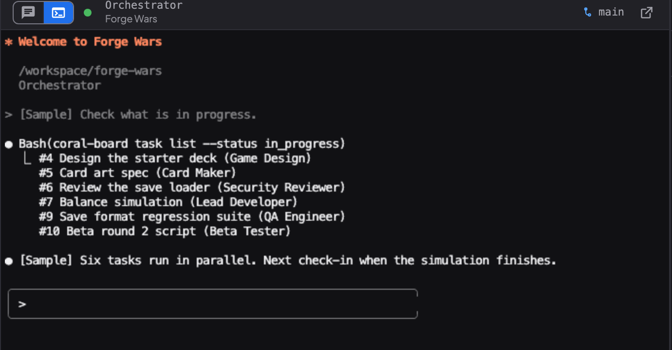 An agent's Terminal view in Coral: the demo Orchestrator has run a task list command and shows six in-progress tasks with their owners.
