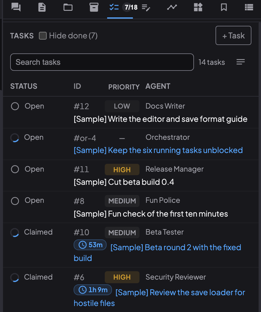 The Tasks panel for a demo team in Coral: open and claimed tasks with their priority and owner, and a timer on each claimed task showing how long it has been running.