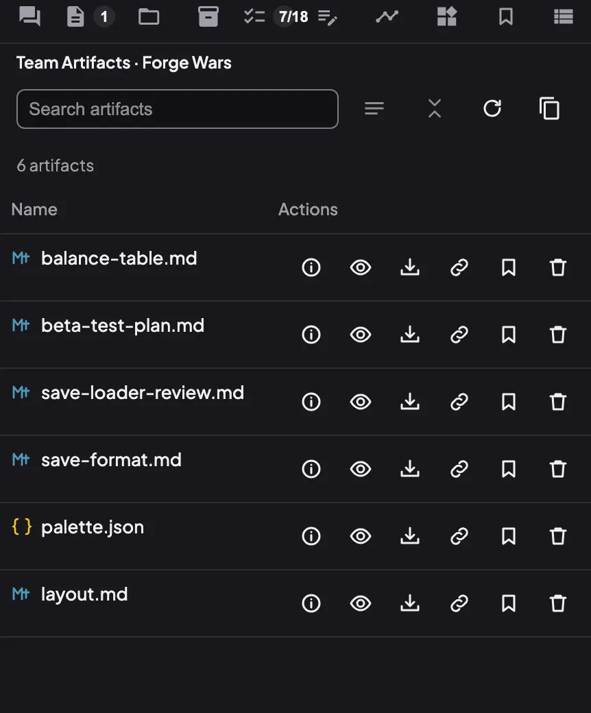 The Team Artifacts tab for the demo team Forge Wars in Coral: six artifacts, each listed by file name (balance-table.md, beta-test-plan.md, save-loader-review.md, save-format.md, palette.json, layout.md) with icons to see details, view, download, copy the link, save for later and delete.