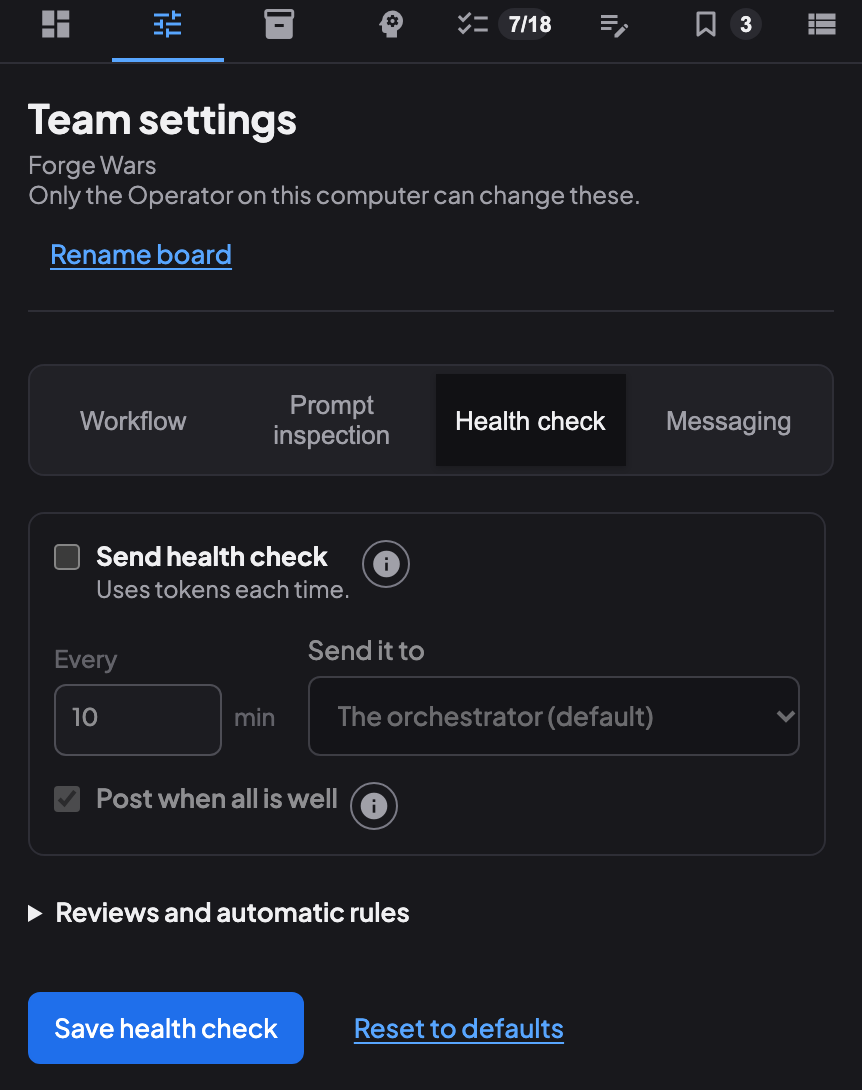 The Health check tab in a demo team's Team settings: the Send health check box is unchecked and says it uses tokens each time, with Every 10 min, Send it to The orchestrator (default), Post when all is well, a collapsed Reviews and automatic rules section, and the Save health check and Reset to defaults buttons.