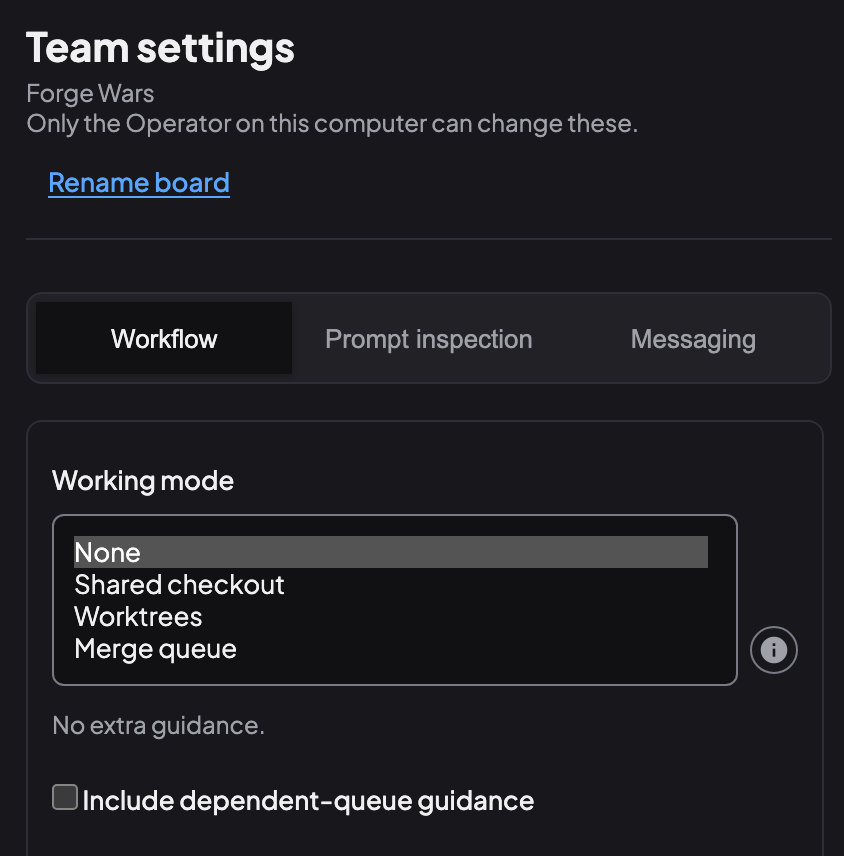 The Team settings panel on the Workflow tab: the Working mode list (None, Shared checkout, Worktrees, Merge queue) and the Include dependent-queue guidance switch.