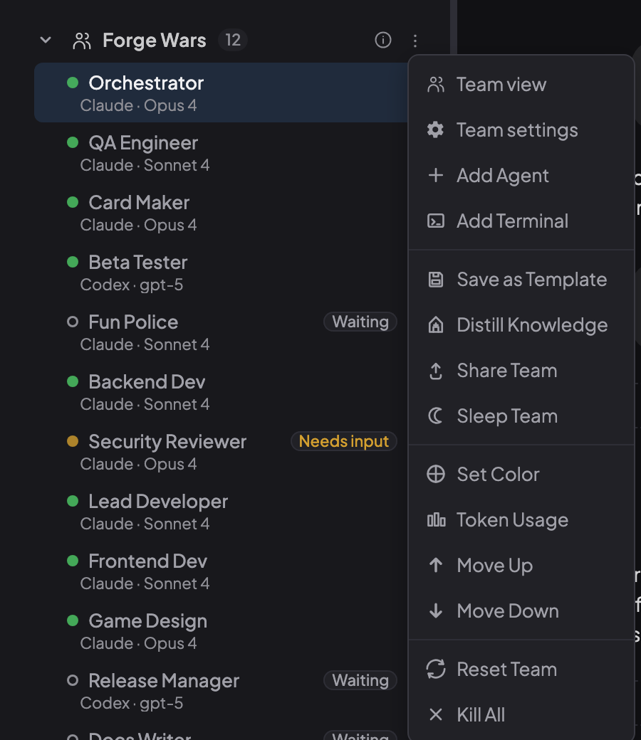 The three-dot menu on a demo team called Forge Wars in Coral's sidebar, listing Team view, Team settings, Add Agent, Add Terminal and more.